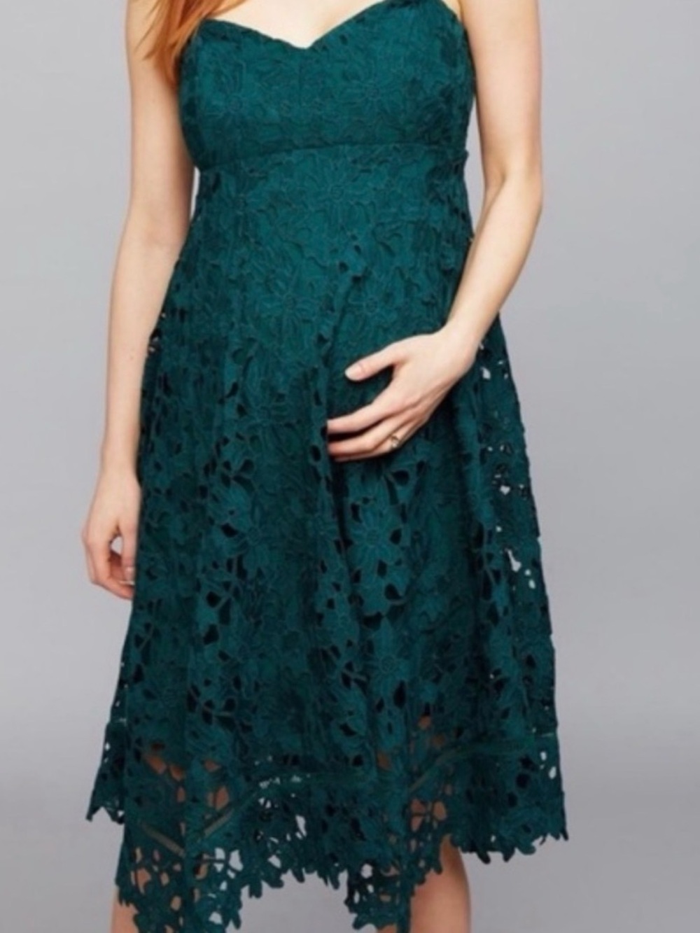 A Pea in the Pod Dark Green Lace strapless dress